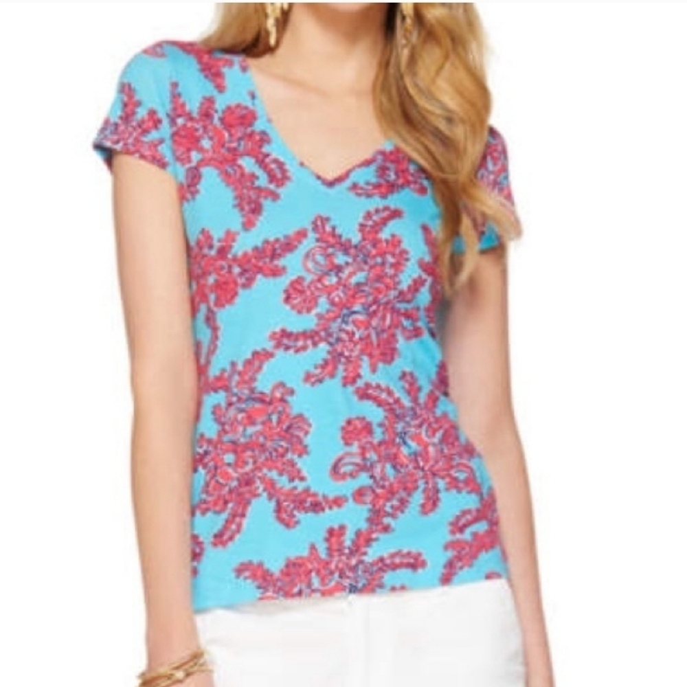 Lilly Pulitzer Printed Michelle Reef V Neck Short Sleeve Tee‎ Sixe XSmall